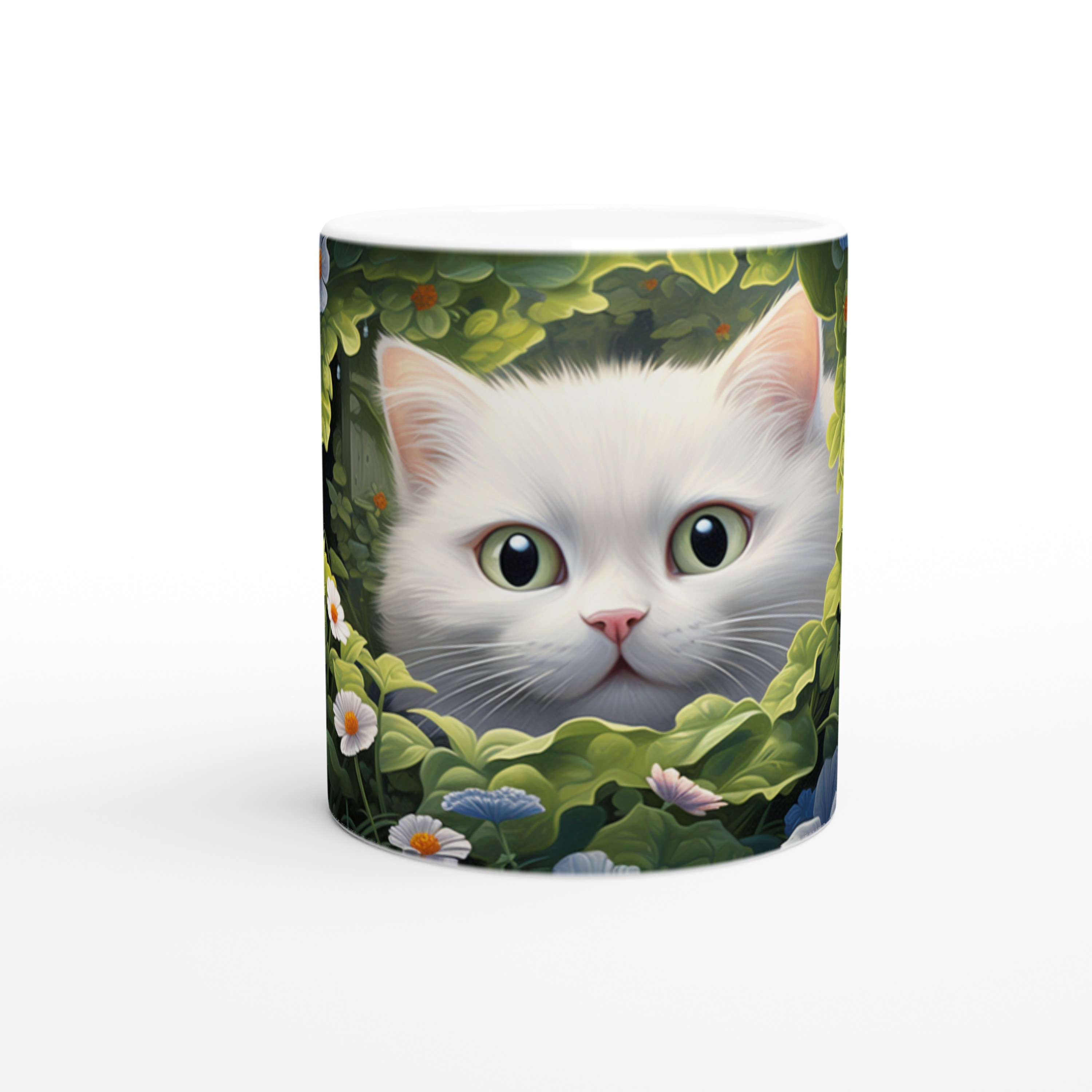 Çiçeklerle%20Çevrili%20Gizemli%20Beyaz%20Kedi%20Baskılı%20Kupa%20Bardak