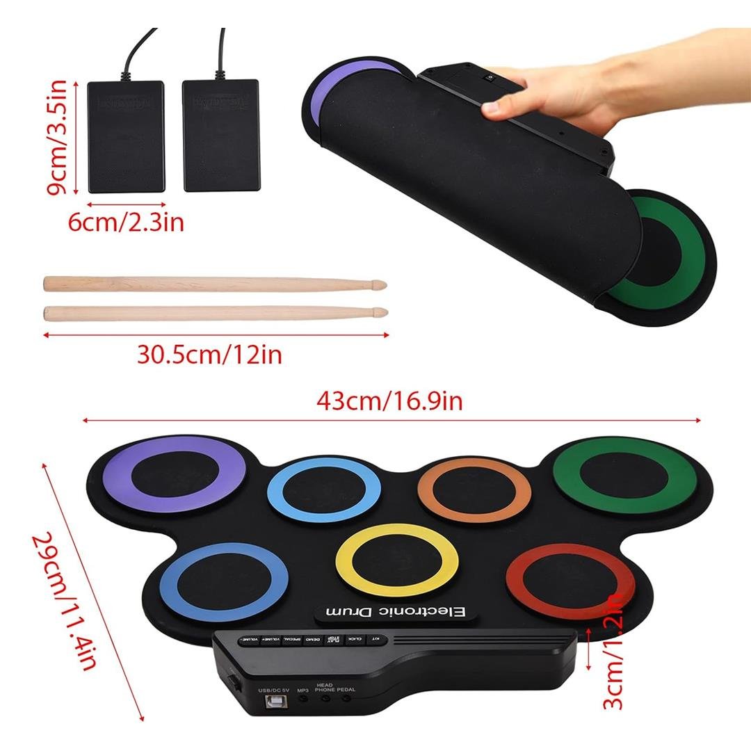 Magicvoice%20G3002R%207%20Ped%20Gökkuşağı%20Renkli%20Elektronik%20Roll%20Up%20Davul%20Kiti