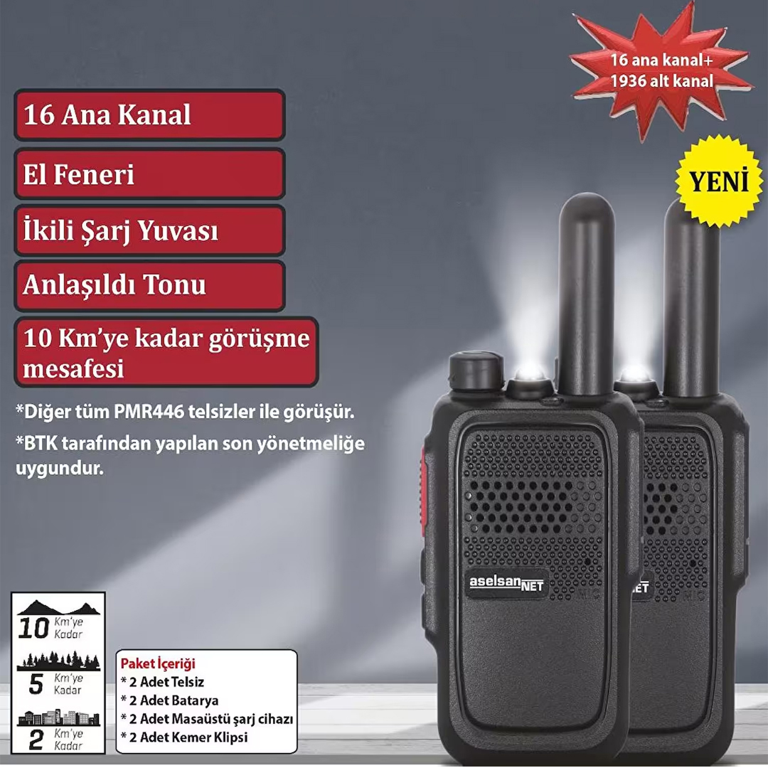 Aselsan%20Pm-580%20Pmr%20Şarj%20Dahil%20İkili%20El%20Telsizi%20(10%20Km)(16%20Kanal%20+%20121%20Alt%20Kanal)