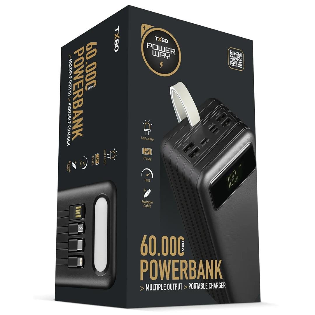 Powerway%20TX60%20Siyah%2060000%20Mah%20Çoklu%20Çıkış%20Dijital%20Göstergeli%20Ekstra%20Kablolu%20Powerbank