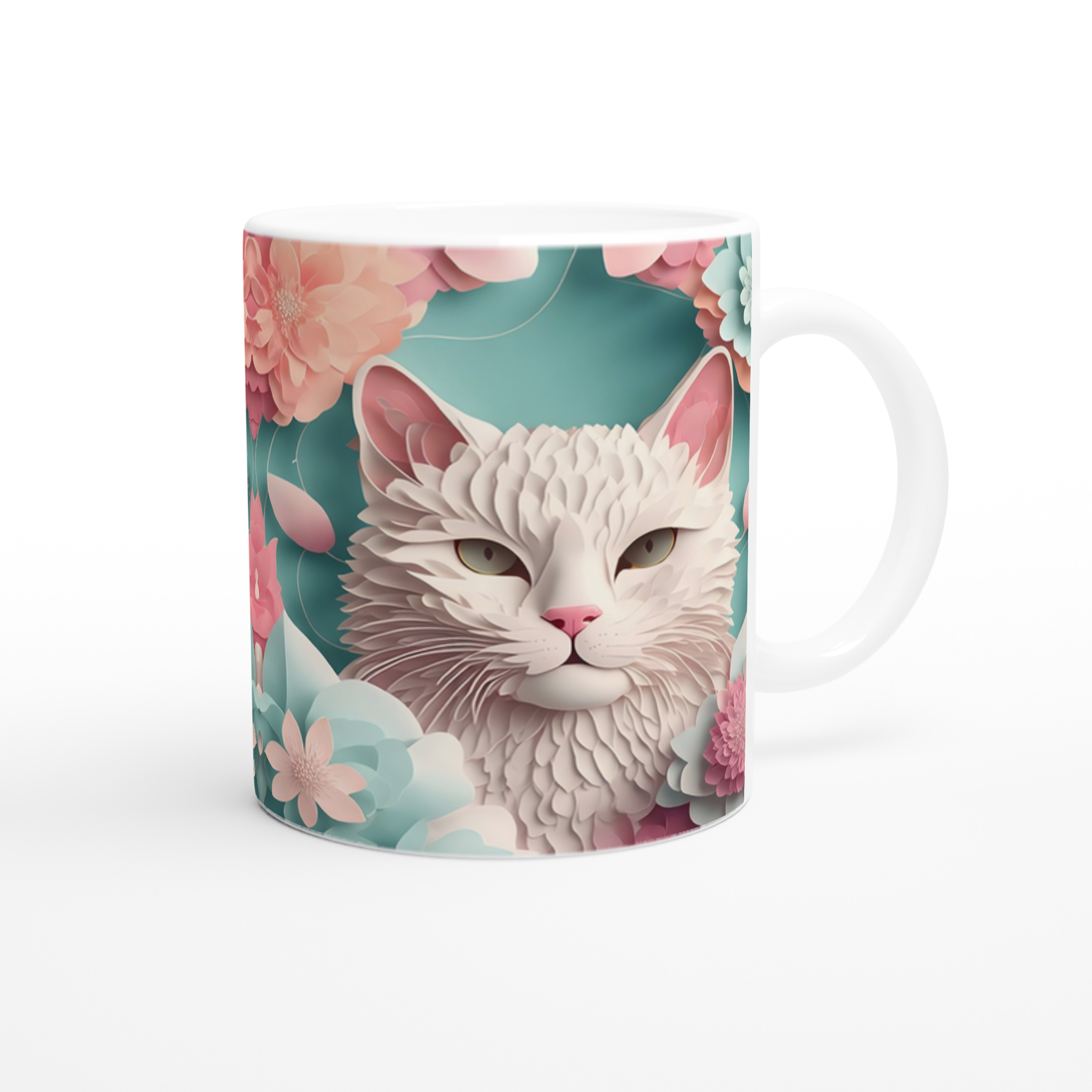 Pastel%20Çiçekler%20Arasında%20Bembeyaz%20Kedi%20Baskılı%20Kupa%20Bardak