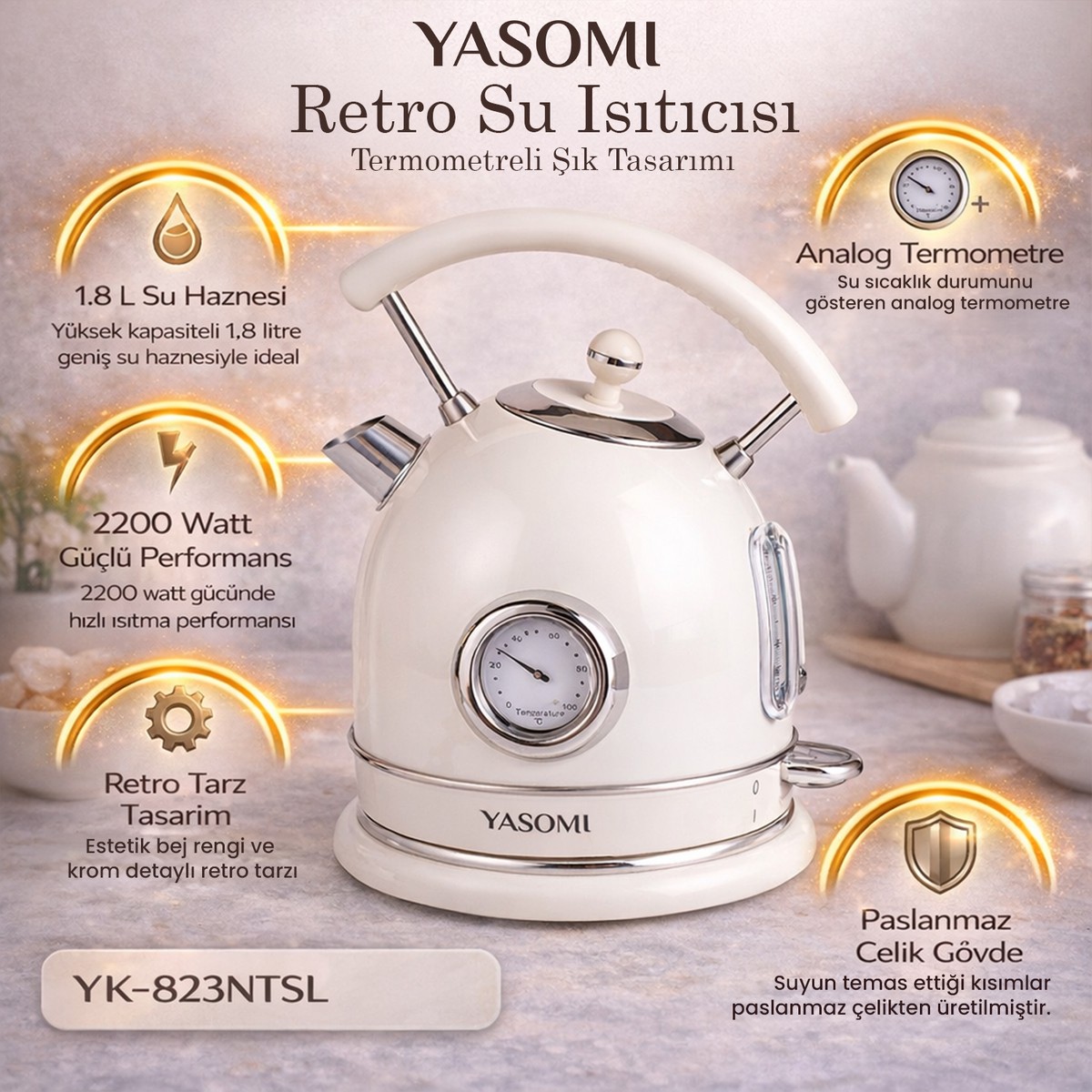 Yasomi%20Bej%20YK-823NTSL%202200W%20360°%20Döner%20Taban%20Kablosuz%20Kullanım%20Retro%20Su%20Isıtıcı%20Kettle