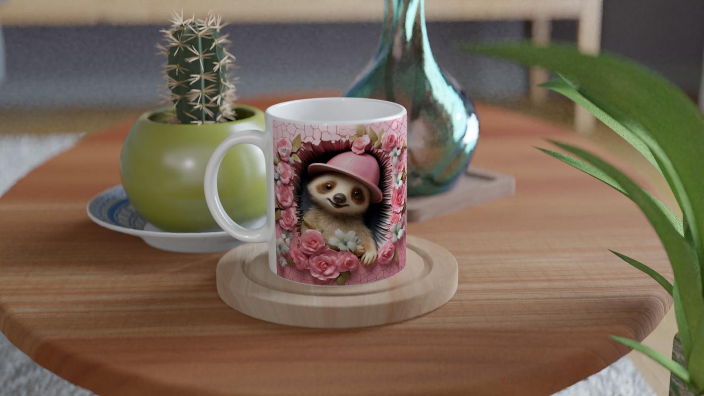 Pembe%20Şapkalı%20Tembel%20Hayvan%20Çiçekli%20Baskılı%20Kupa%20Bardak