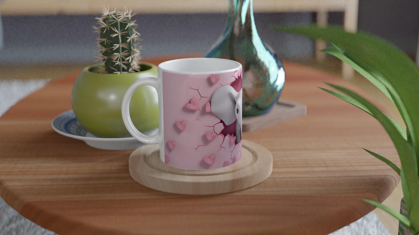 Pembe%20Kalpli%20Duvardan%20Bakan%20Sevimli%20Fil%20Temalı%20Baskılı%20Kupa%20Bardak