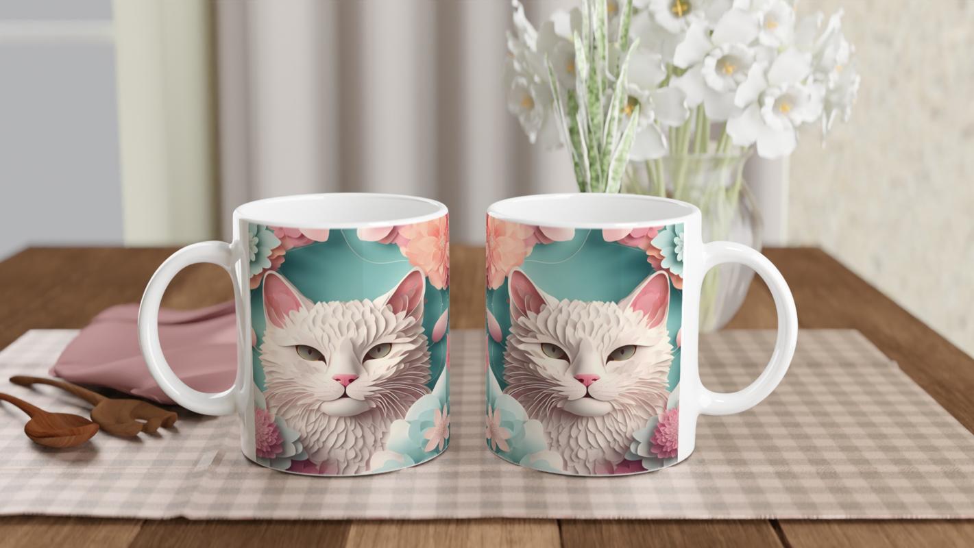 Pastel%20Çiçekler%20Arasında%20Bembeyaz%20Kedi%20Baskılı%20Kupa%20Bardak