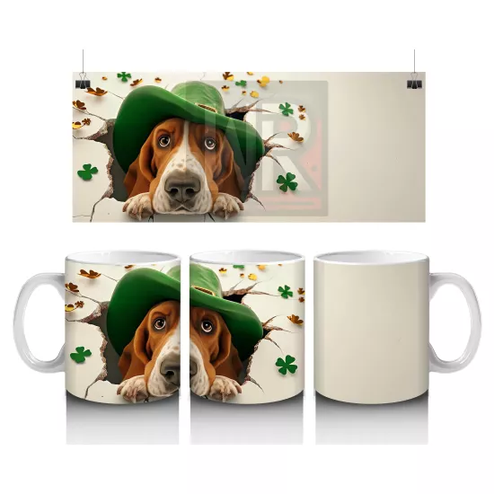 Yeşil Şapkalı Basset Hound Figürü ve Yonca Detayları - Baskılı kahve kupası
