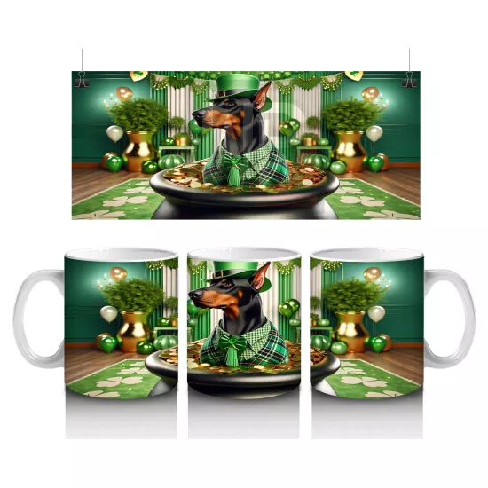 Altınlarla Dolu Kazanda Oturan St. Patrick’s Doberman - Baskılı kahve kupası
