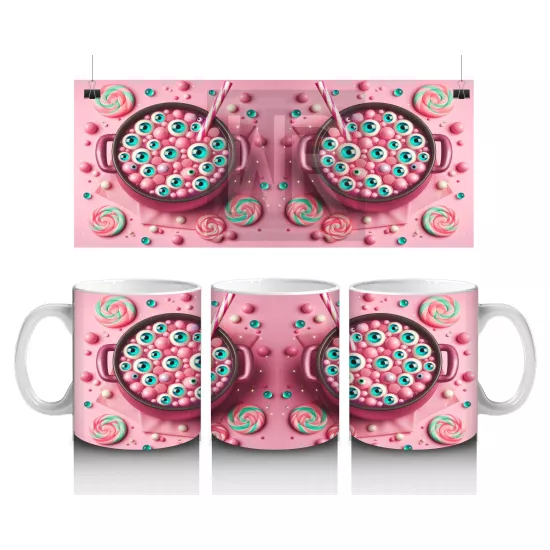 Pembe Zemin Üzerinde Korkunç Şeker Figürlü Sevimli Cadılar Bayramı Baskılı Kupa