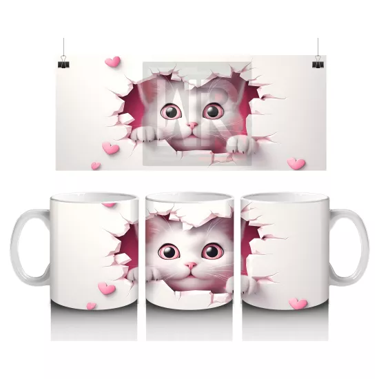 Pembe Kalpler Arasında Tatlı Kedi – Baskılı Kahve Kupası