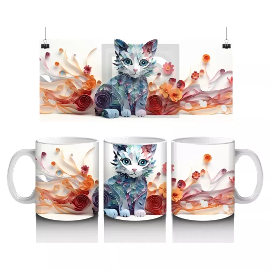 Renkli Su Damlaları ve Kedi Desenli Kupa – Baskılı Kahve Kupası