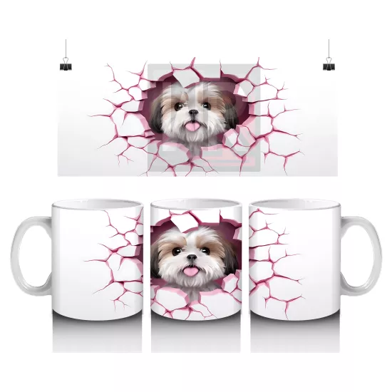 Pembe Çatlak Zeminden Bakan Sevimli Shih Tzu - Baskılı kahve kupası