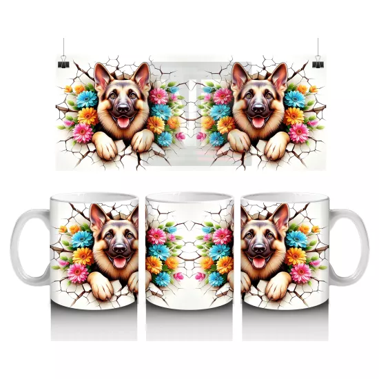 Renkli Çiçekli Çerçevede Neşeli Köpekler – Baskılı Kahve Kupası