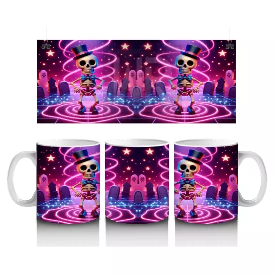 Neon Renkli Gotik Cadı Kedi Desenli Cadılar Bayramı Baskılı Kupa Bardak