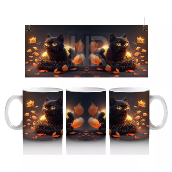 Cadılar Bayramı Temalı Siyah Kediler ve Balkabağı Işıkları – Baskılı Kupa