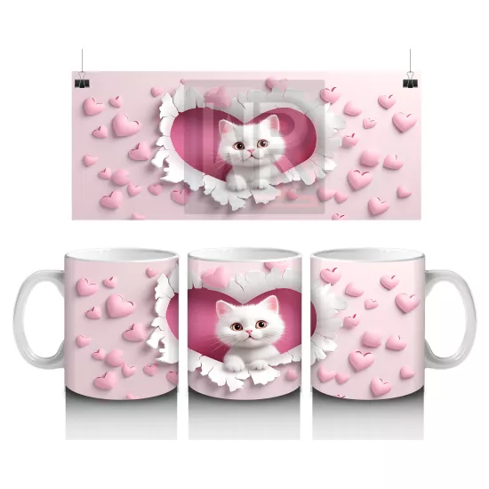 Kalp Desenli Fon Üzerinde Tatlı Beyaz Kedi – Baskılı Kahve Kupası