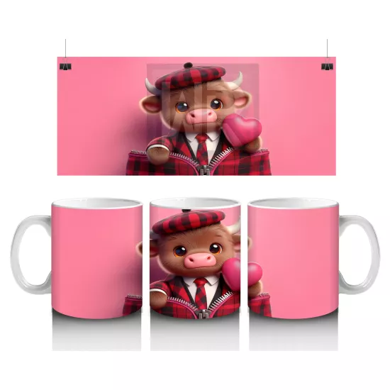 Şapkalı Sevimli Buzağı ve Pembe Kalpler – Baskılı Kupa Bardak