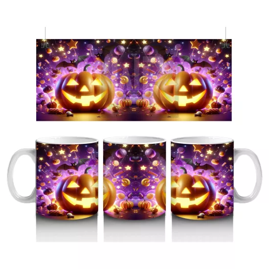 Gülümseyen Balkabakları ve Işıltılı Arka Planla Cadılar Bayramı Baskılı Kupa Bardak