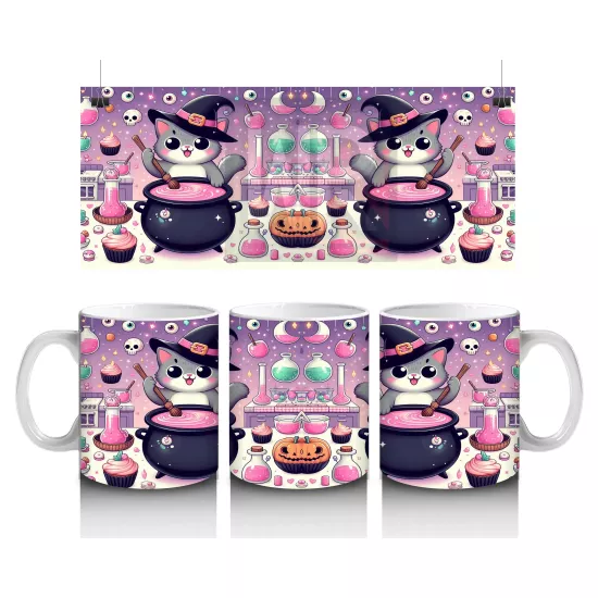 Pembe Arka Plan Üzerinde Sevimli Cadı Kız Figürlü Cadılar Bayramı Baskılı Kupa