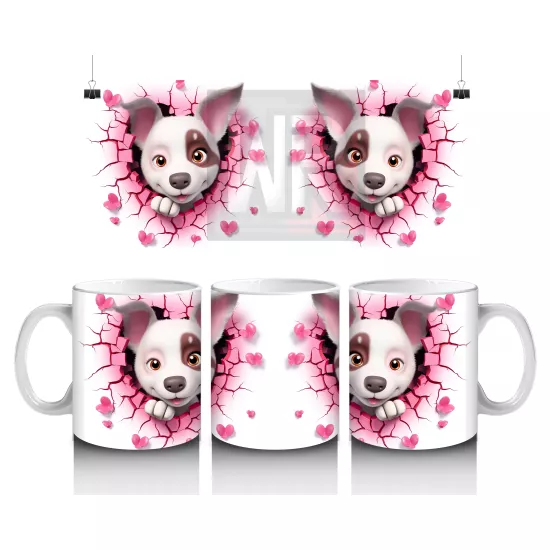 Pembe Çiçekli Çatlak Zeminden Bakan Sevimli Köpek - Baskılı kahve kupası