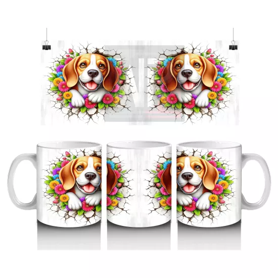 Çiçek Taçlı Neşeli Beagle Çifti – Baskılı Kahve Kupası