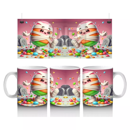 Yumurta Kafalı Canavar Figürlü Pembe Cadılar Bayramı Baskılı Kupa