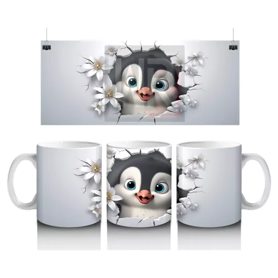 Çiçeklerle Süslenmiş Penguen Maskotu – Baskılı Kahve Kupası