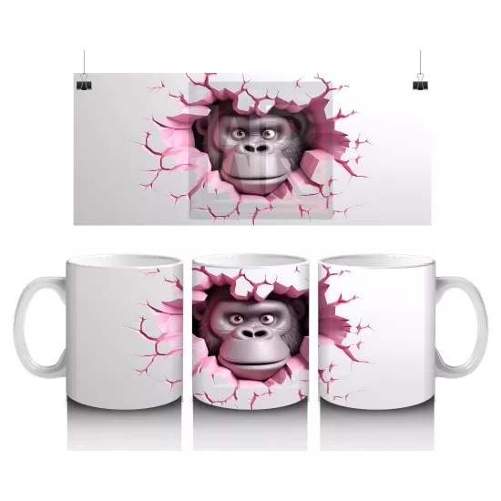Kırık Duvar Desenli Sevimli Gri Goril - Baskılı Kahve Kupası