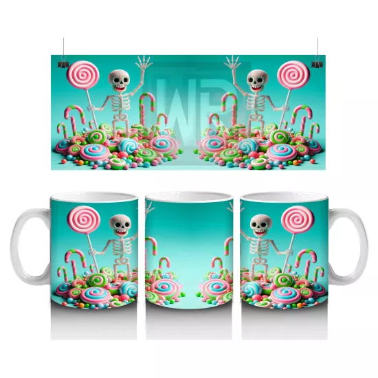 Renkli Şeker ve İskeletler Temalı Sevimli Cadılar Bayramı Baskılı Kupa Bardak