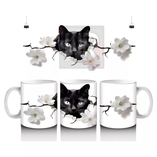 Beyaz Çiçeklerle Kaplı Siyah Kedi – Baskılı Kahve Kupası
