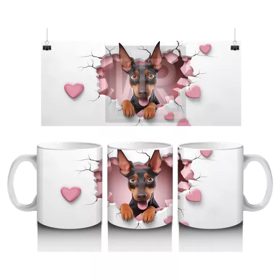 Kalpli Fon Üzerinde Sevimli Doberman – Baskılı Kahve Kupası
