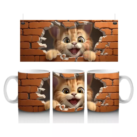 Tuğla Duvar Arasından Bakan Neşeli Kedi – Baskılı Kahve Kupası
