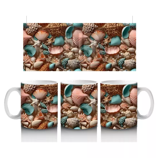 Deniz Kabuğu ve Mercan Desenleriyle Süslenmiş Okyanus Temalı Kompozisyon - Baskılı kahve kupası