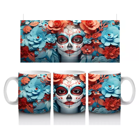 Turuncu ve Mavi Güller Arasında Gotik Yüz – Hediyelik Kahve Kupası