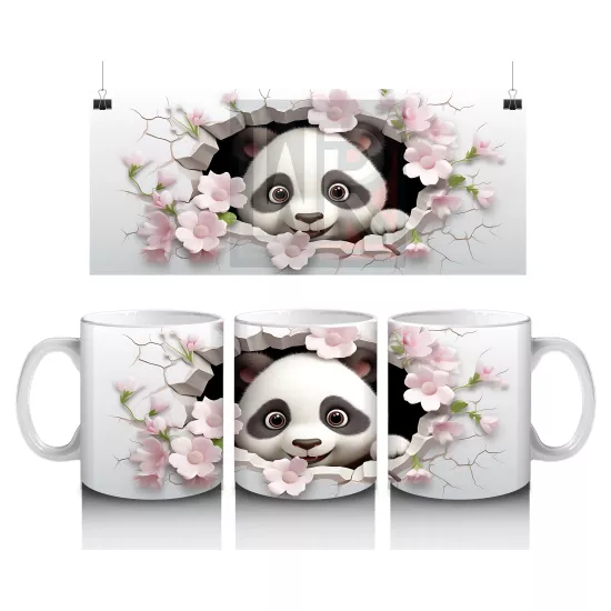 Çiçekli Çatlakta Oturan Neşeli Panda – Baskılı Kahve Kupası