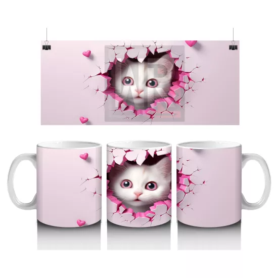 Pembe Kalpli Çatlak Duvar Arasında Tatlı Kedi – Baskılı Kahve Kupası