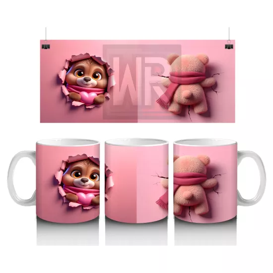 Pembe Kalpli Maskot ve Peluş Ayıcık – Baskılı Kahve Kupası