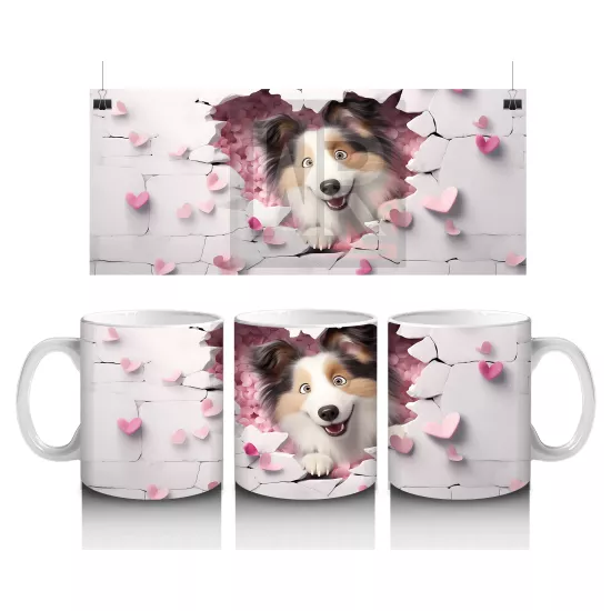 Pembe Kalpli Duvar Arasından Bakan Sheltie Cinsi Köpek - Baskılı kahve kupası