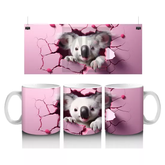 Pembe Kalpli Arka Planda Sevimli Koala İllüstrasyonu - Baskılı kahve kupası