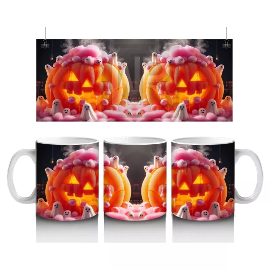 Pembe Krema ve Gözlerle Süslenmiş Balkabağı Figürlü Eğlenceli Cadılar Bayramı Baskılı Kupa Bardak