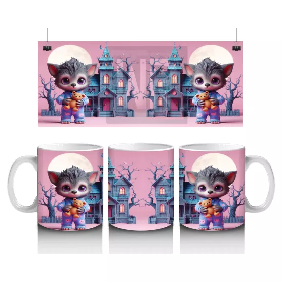 Perili Şato Önünde Sevimli Cadı Kız Figürlü Pembe Cadılar Bayramı Baskılı Kupa Bardak