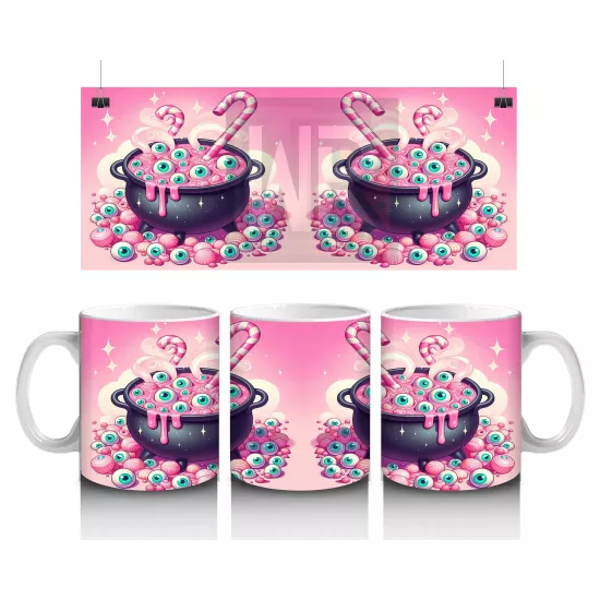 Pembe Arka Plan Üzerinde Şeker Dolu Cadı Kazanı Figürlü Cadılar Bayramı Baskılı Kupa Bardak