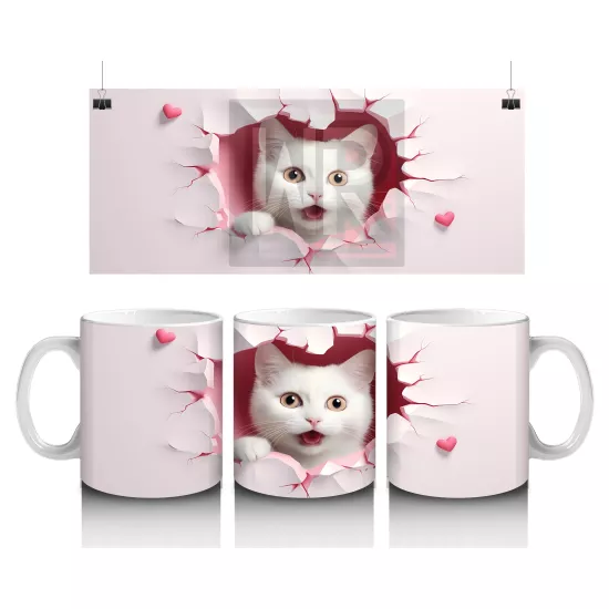 Pembe Kalpli Duvar Arasında Beyaz Kedi – Baskılı Kahve Kupası