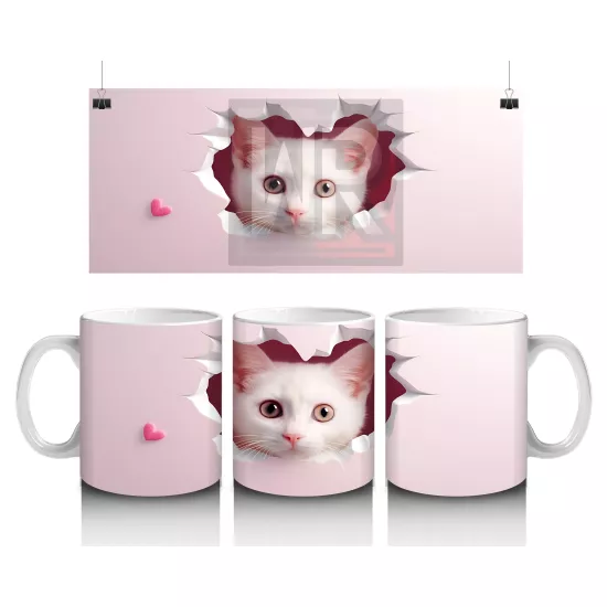Pembe Kalplerle Süslenmiş Sevimli Kedi – Baskılı Kahve Kupası