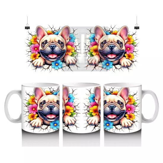 Renkli Çiçekli Fon Üzerinde Fransız Bulldog – Baskılı Kahve Kupası