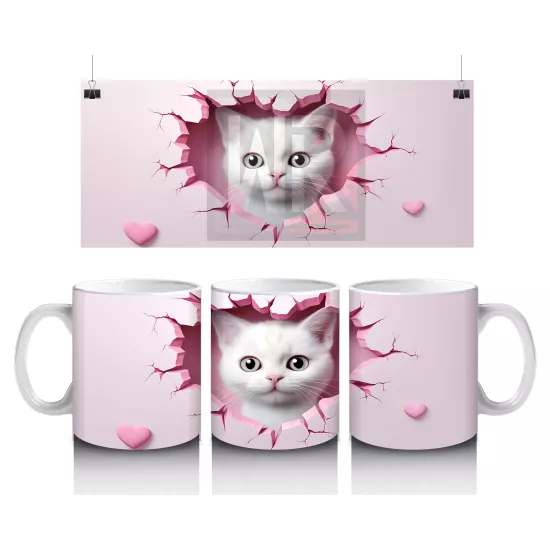 Pembe Kalplerle Süslenmiş Sevimli Kedi – Baskılı Kahve Kupası