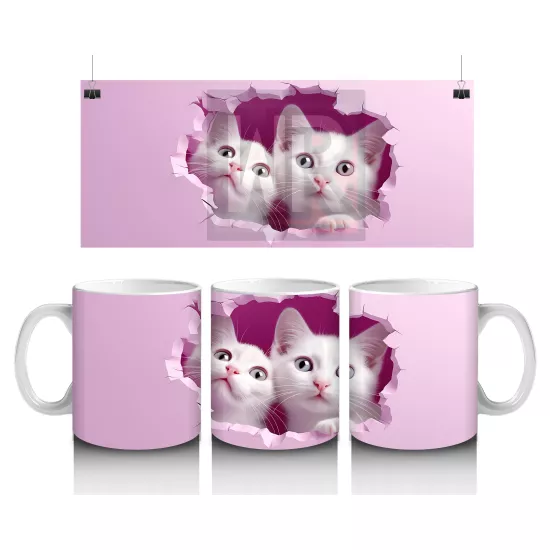 Pembe Çatlakta İkiz Beyaz Kedi Yavruları – Baskılı Kahve Kupası