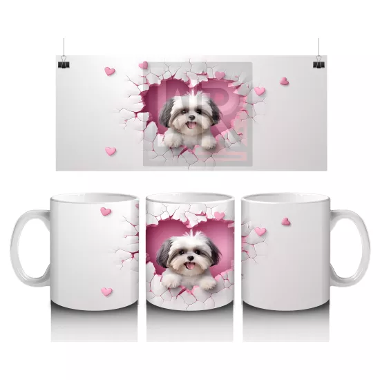 Pembe Kalplerle Süslenmiş Yavru Köpek – Baskılı Kahve Kupası