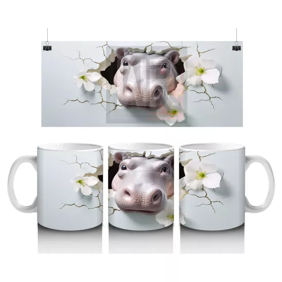 Beyaz Çiçekler Arasında Sevimli Su Aygırı – Baskılı Kahve Kupası