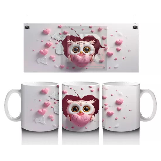 Pembe Kalp Yağmuru Altında Baykuş Maskotu – Baskılı Kahve Kupası