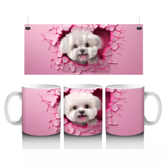 Pembe Çatlak Duvar Arasında Gülümseyen Beyaz Terrier - Baskılı kahve kupası